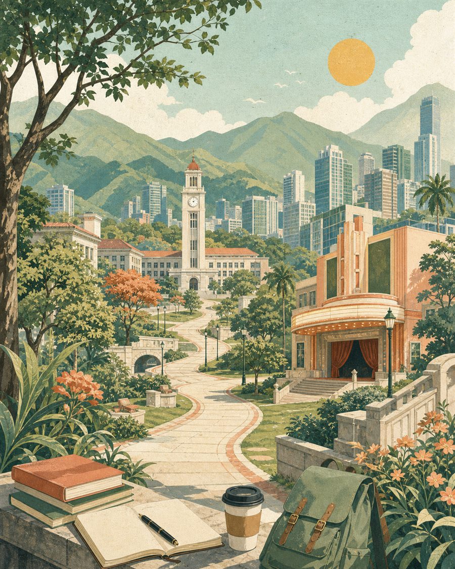校园、城市、剧场与山景组成的单场景插画