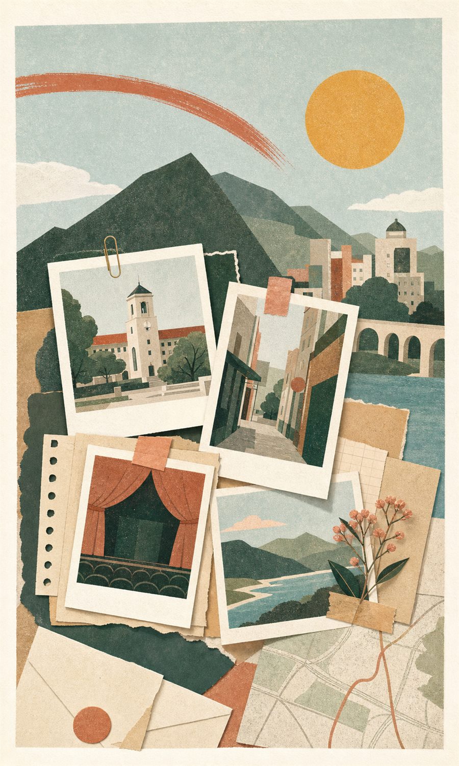 校园、城市、话剧与旅行主题的拼贴插画